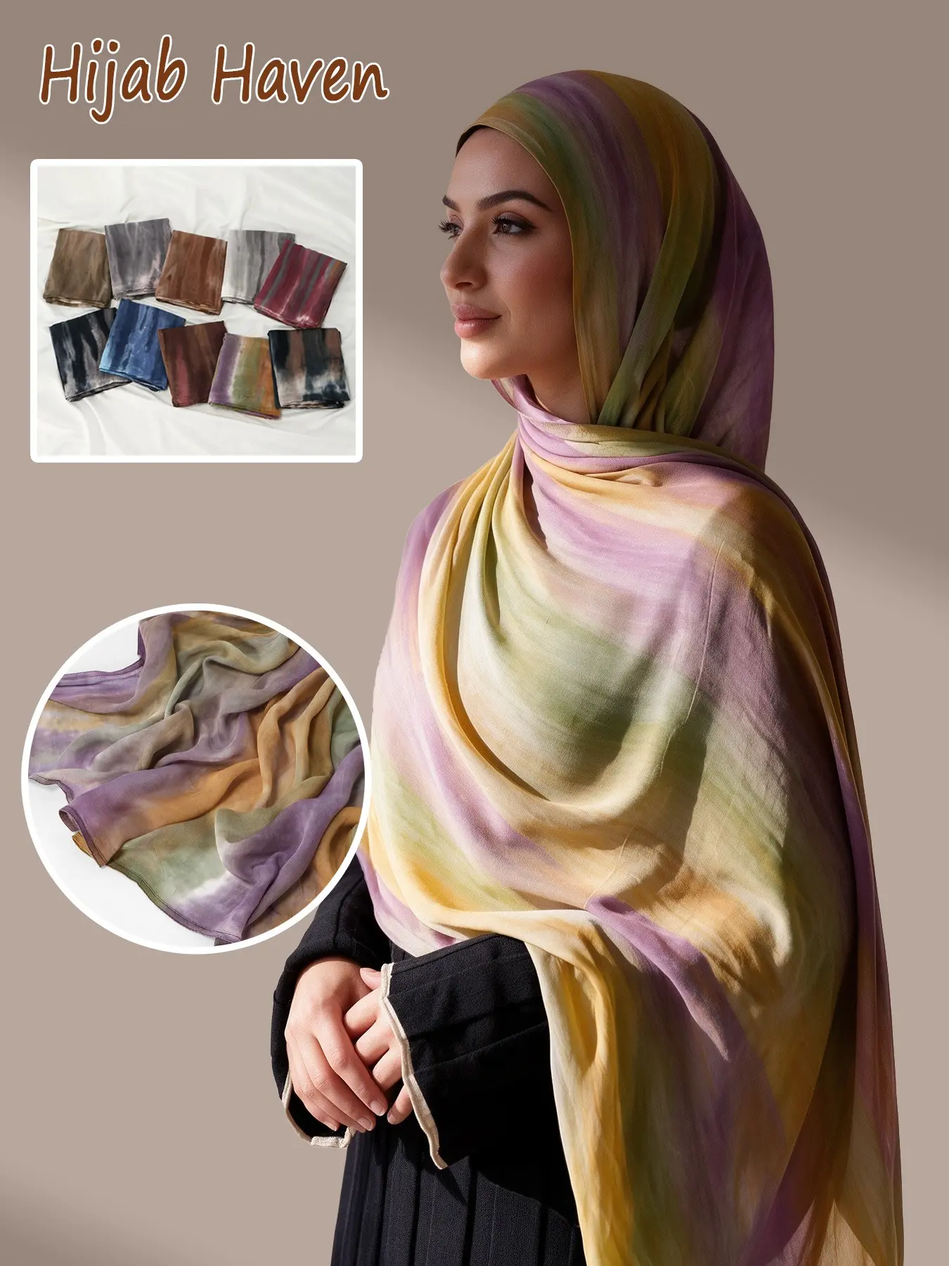 Women's Cotton Rainbow Gradient Long Scarf, Soft Watercolor Blend, Muslim Fashion Daily Wear Turban, Lightweight Breathable Headscarf