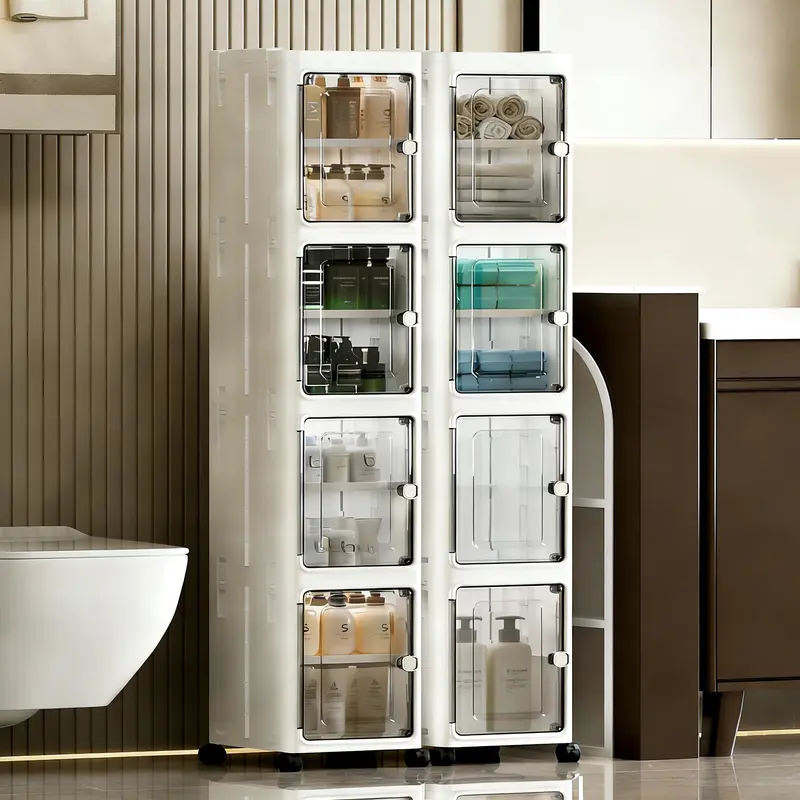 32cm Wide Narrow Gap Home Storage Cabinet - Foldable Transparent Organizer with Magnetic Door Design, Smooth Mag-Close Seal, Universal Wheels, Dustproof, Waterproof, Tool-Free Assembly, Space-Saving for Bathroom, Kitchen