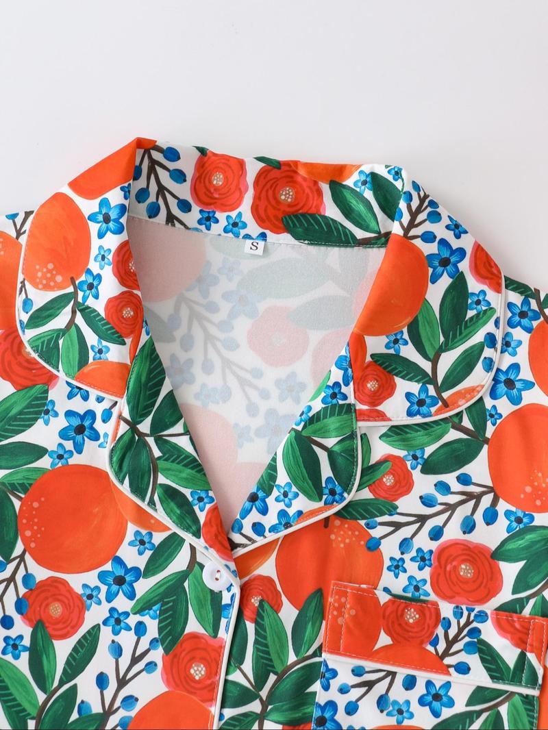 Women's All Over Print Pajamas Set, Button-up Short Sleeve Top & Elastic Shorts, Comfortable Summer Loungewear, Lady Elegant Nightwear, Womenswear, Casual Pajama Sets