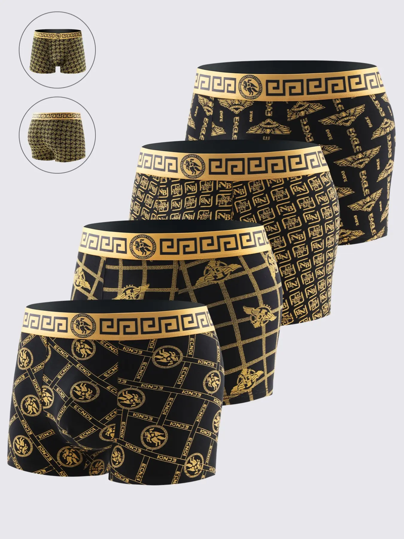4-Pack Men's Boxer Briefs, Soft Comfortable High-End Underwear, Sporty Casual Fashion Black Gold Trunk Shorts, Elastic Sports Boxer Briefs