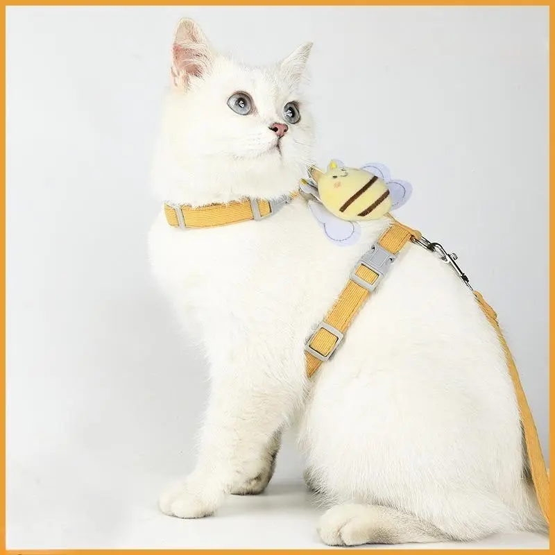 Cute Decorative Pet Harness & Leash Set, Adjustable Escape Proof Cat Walking Vest with Detachable Plush Bee / Angel Wing Ornament, Soft Lightweight Outdoor Travel Gear for Kittens Small Cats, Sweet Daily Pet Fashion Accessory, Summer Wins Cat Supply