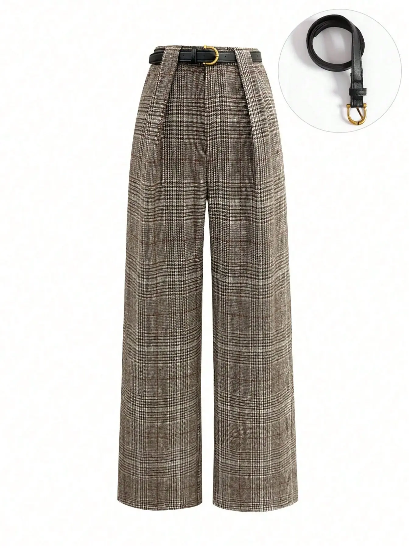 Women's Plus Size Plaid Pants Belted High Waist Pleated Wide Leg Trousers Tailored Vintage Preppy Office Workwear Dark Academia Trendy Casual All Seasons
