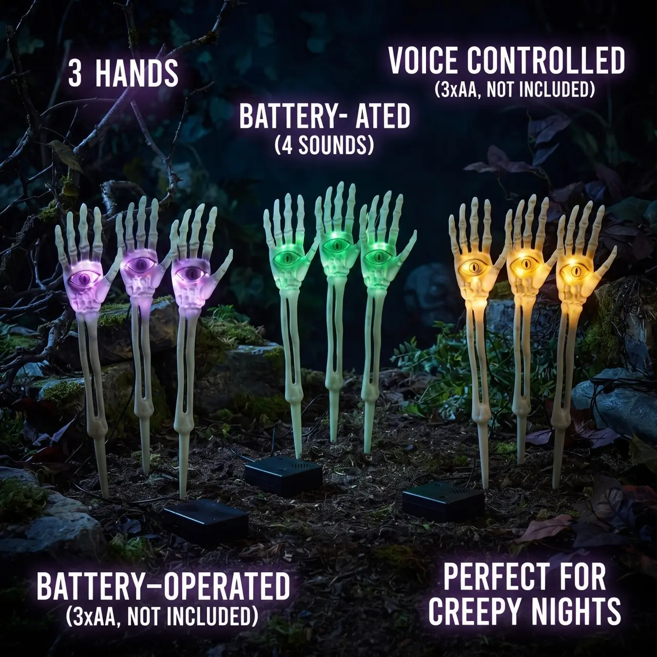 Three-Pack Sound-Activated Glowing Skull Hands, Realistic Bone Arms for Halloween, Easy Installation, Spooky Party Decorations
