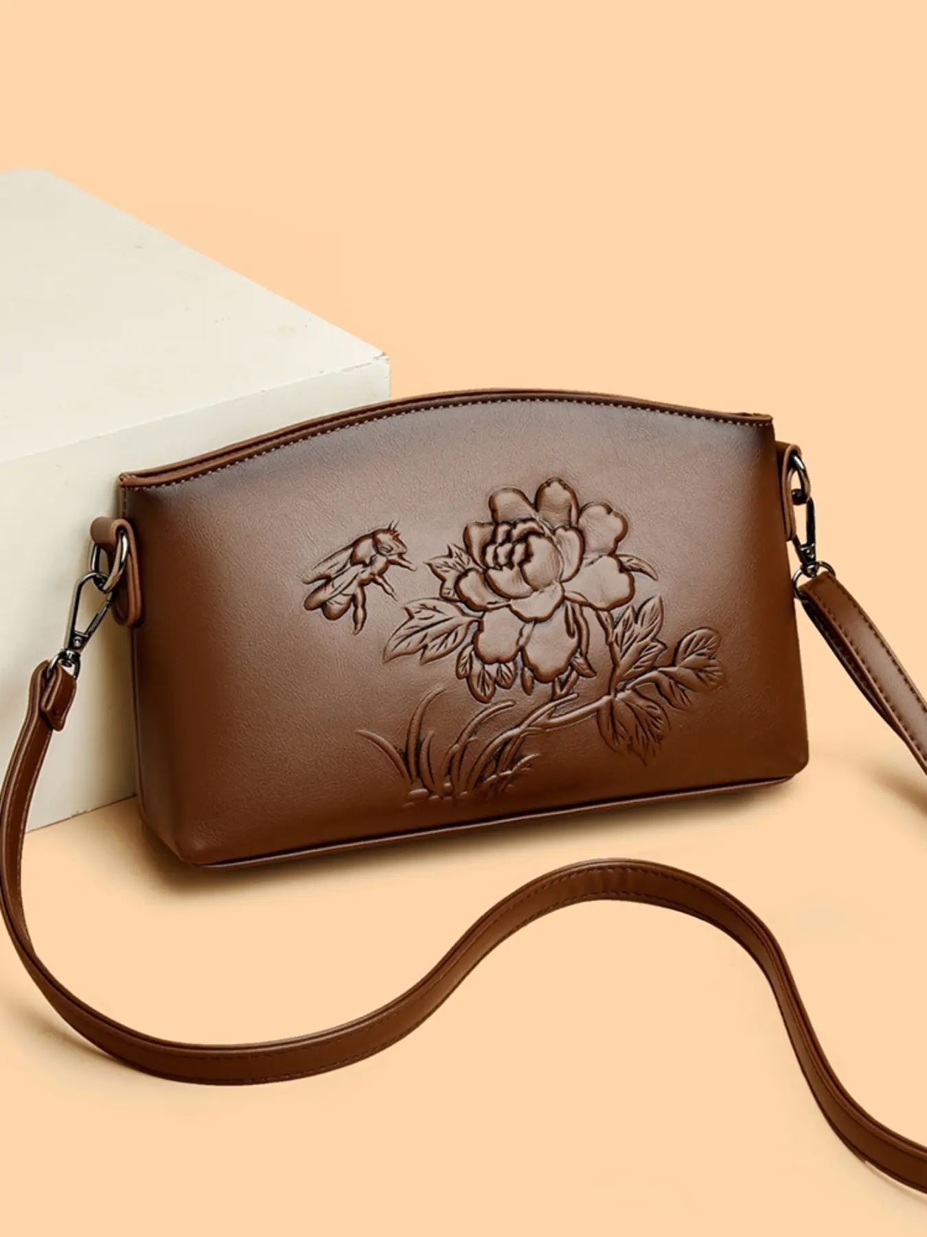 Vintage elegant textured women's crossbody bag, fashionable 3D peony and bee floral pattern, removable and adjustable strap for daily commute shoulder bag