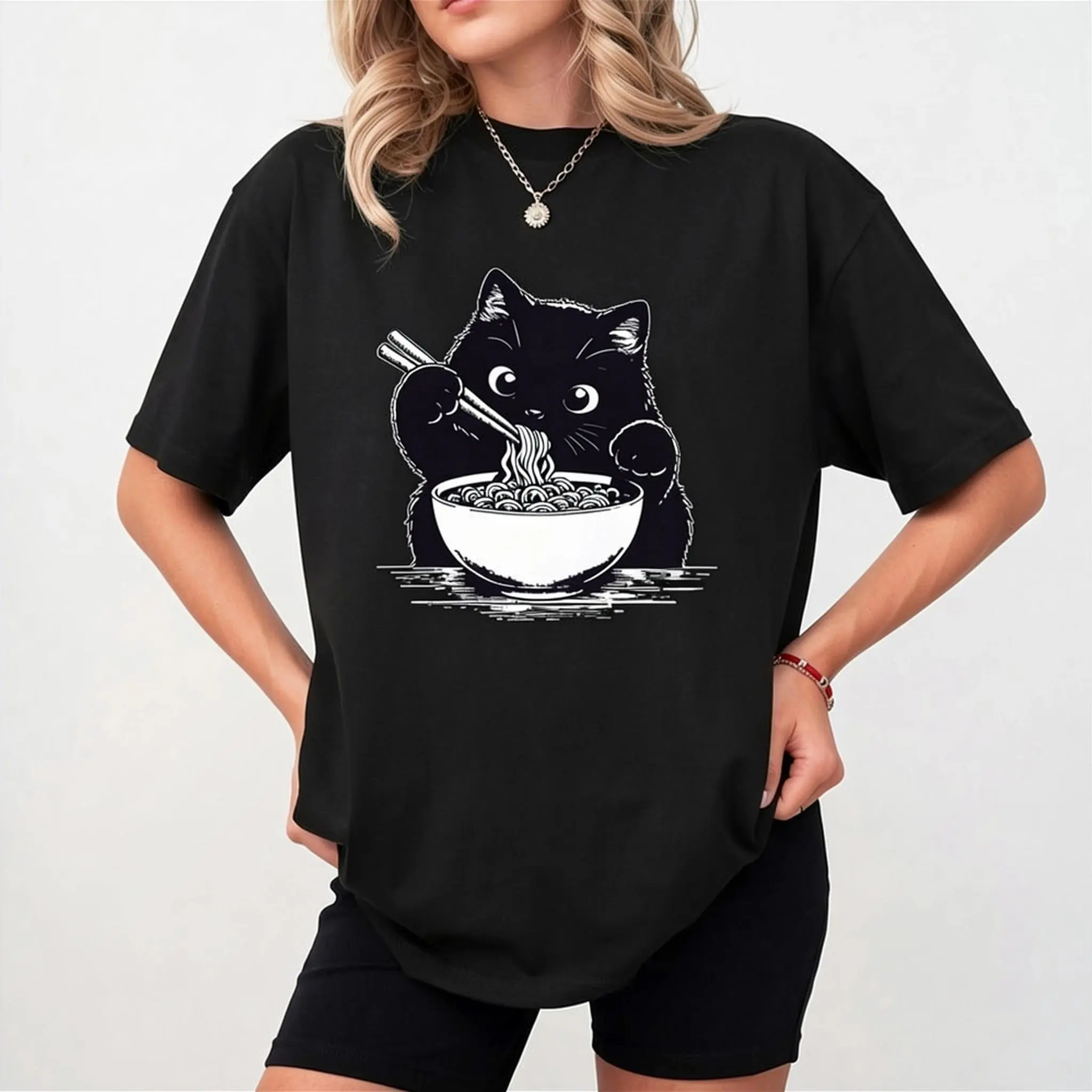 Women's Graphic T-Shirt with a Kawaii Black Cat Ramen Print, Oversized Japanese Streetwear, Casual Short Sleeve Crewneck Cotton Top, Tshirt, Women's Graphic Tees