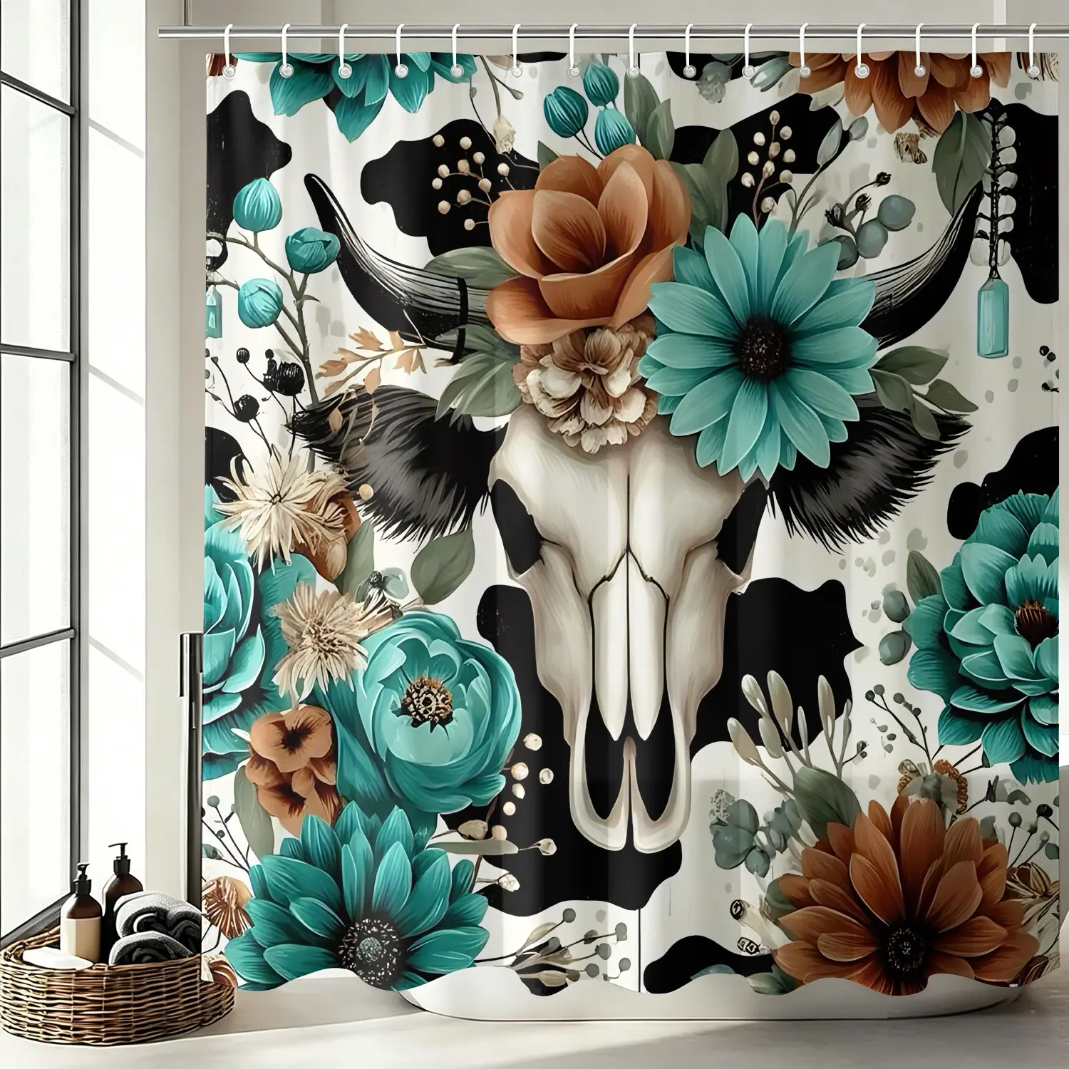 Western Cow Skull Floral Shower Curtain Set, Waterproof Fabric Bathtub Curtain 72"x72" with 12 Hooks, Rustic Farmhouse Bathroom Decor, Bohemian Shower Curtain, Boho Western Bathroom Shower Curtain for Home Bath Decor