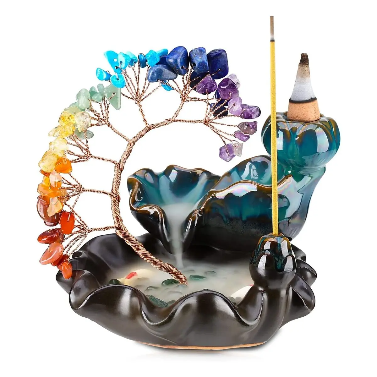 Handmade 7-Color Chakra Stones Ceramic Backflow Incense Burner-Fountain, 7 Chakras Crystal Tree Incense Holder for Yoga Meditation, Home Decor, Gift Idea