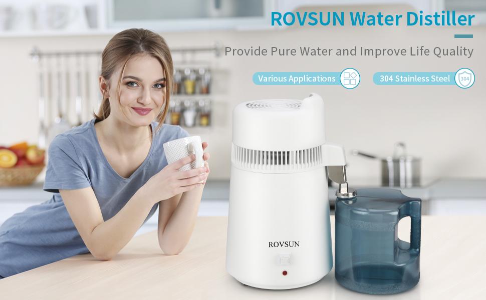 ROVSUN【Upgraded】 1.6 Gallon/6L Water Distiller with Flame-Retardant Material, BPA-Free Container & Stainless Steel Interior, Home Distilled Water Machine Maker Countertop Distilling Water Purifier