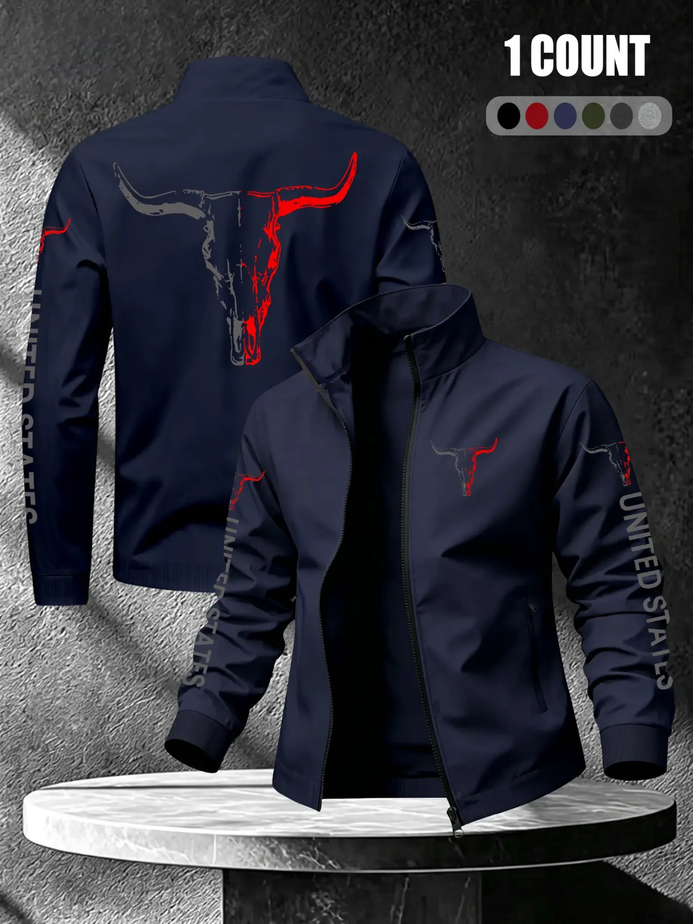 Stand Collar Zip‑Up Lightweight Jacket, Bull Skull & United States Letter Graphic Print On Back And Sleeves, Zipper Pockets, Casual Windbreaker Outerwear For Street Daily Wear#BullSkullJacket#GraphicWindbreaker#StandCollarOuterwear#StreetwearJacket