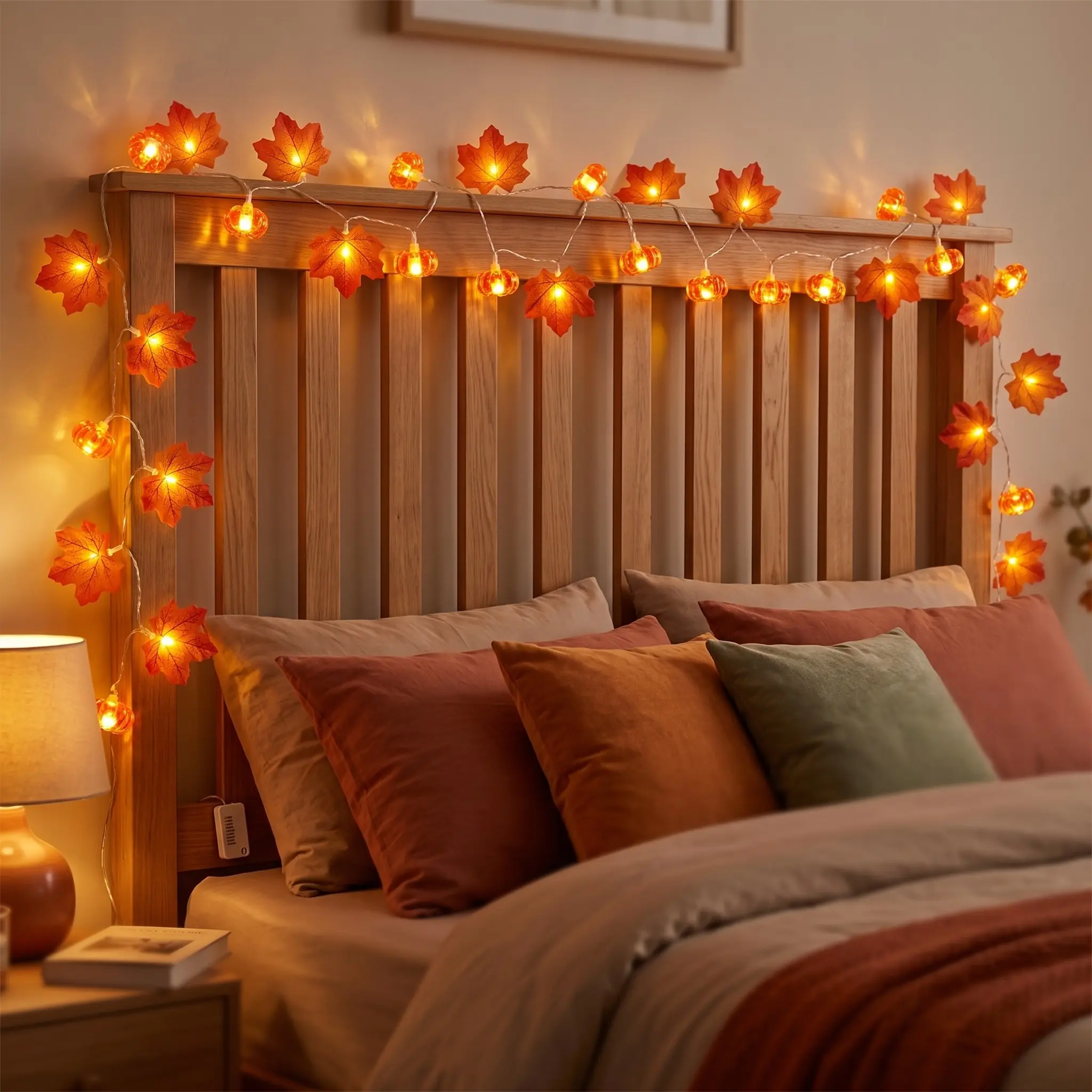 Pumpkin & Maple Leaf Garland String Lights, Fall Autumn Decor, Battery Operated, Halloween Thanksgiving Decoration, Warm Seasonal Accent, Festive Home Decoration