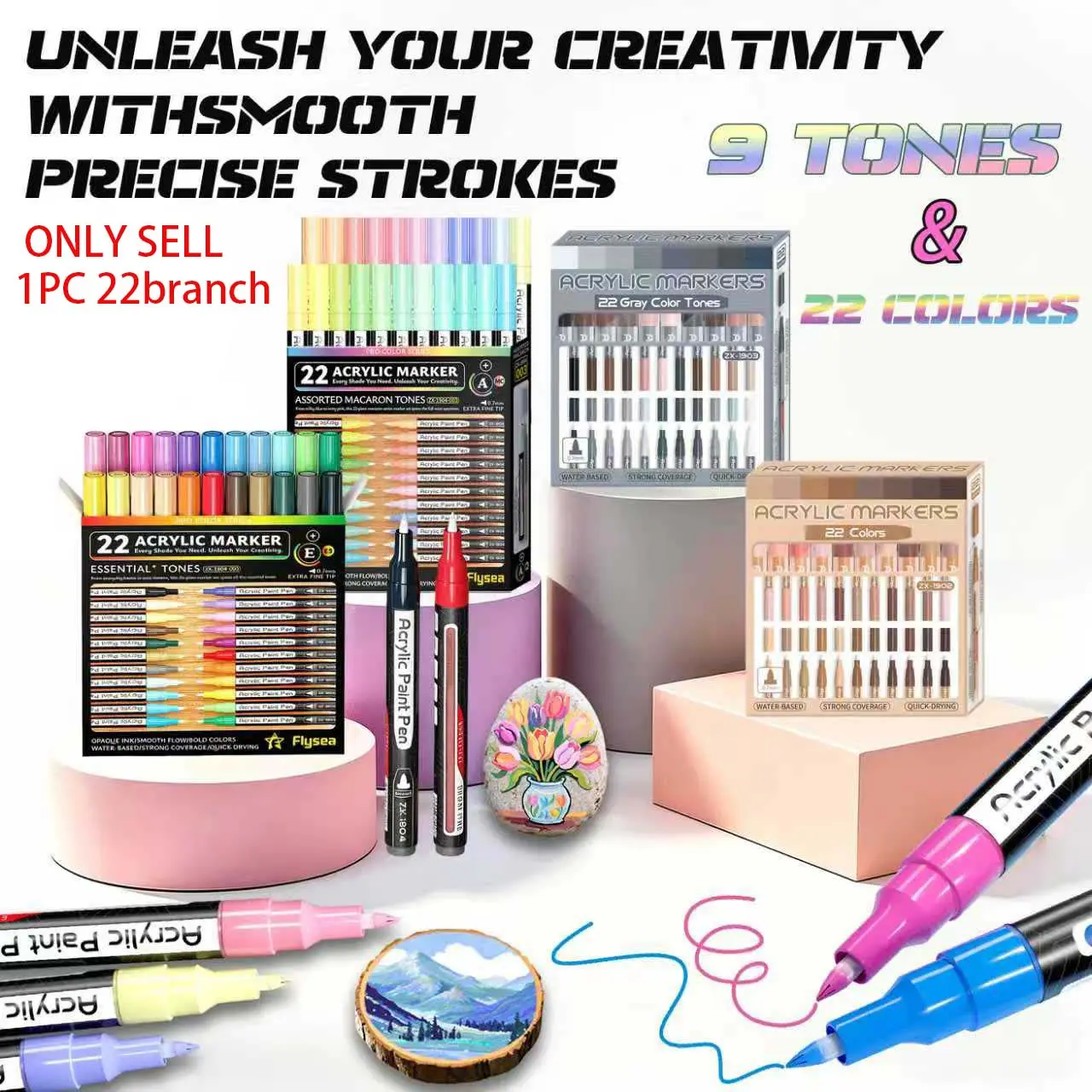 Flysea 22pcs Acrylic Marker Pens, Art Marker Pens, Gradient Colors, 0.7mm Fine Tip, Ideal for Detailed Drawing, Quick Dry, Stain Resistant, Multi-Surface Use