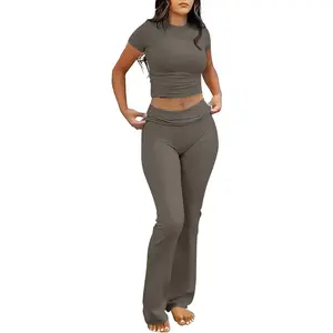 Lounge Sets for Women 2 Piece Foldover Yoga Flare Leggings Pants Crop Tops Casual Y2K Outfits Matching Tracksuit Set
