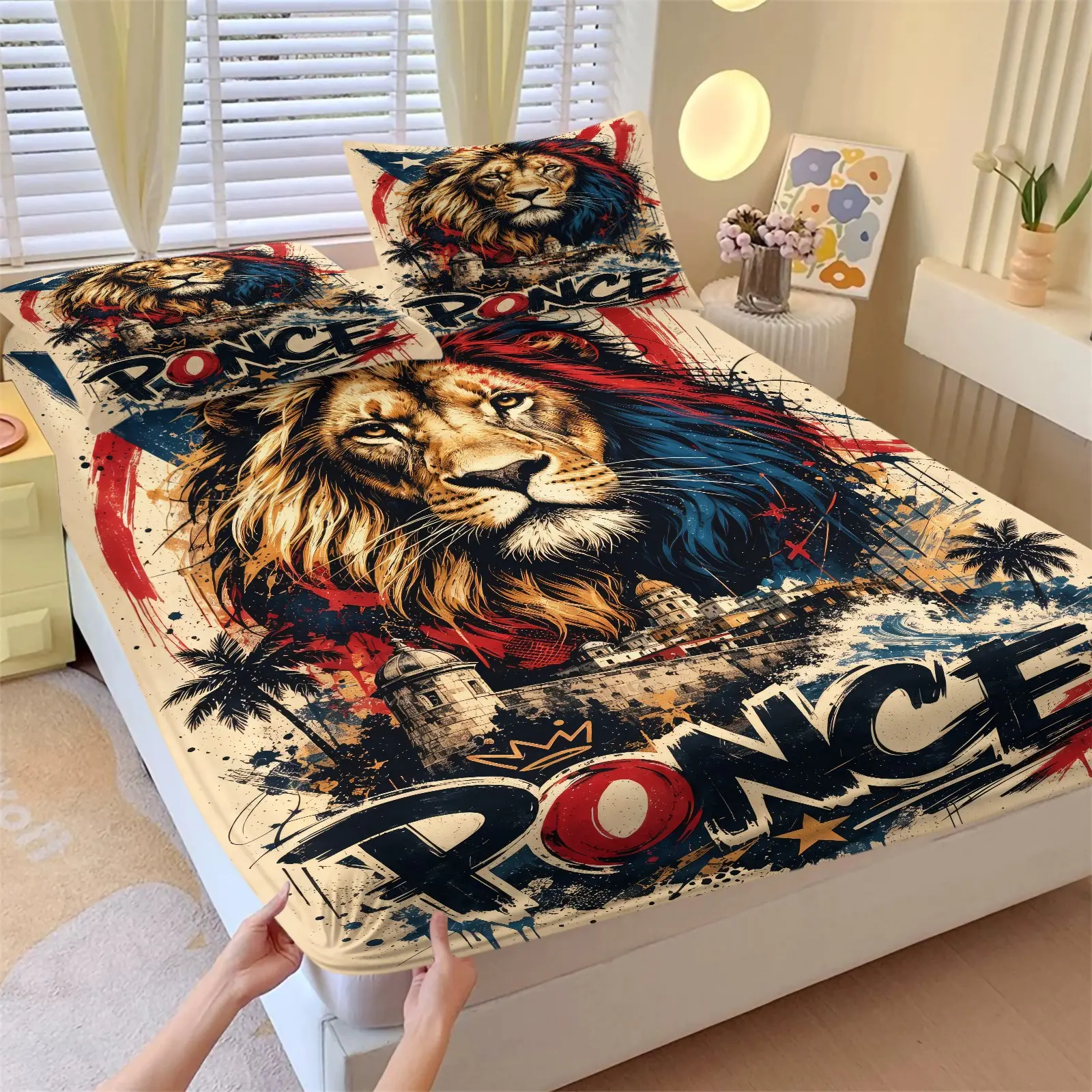 Puerto Rico Ponce Lion Fitted Sheet Set, Patriotic Graffiti City Print Bed Sheets Set, 1 Fitted Sheet & 2 Pillowcase No Filling, Soft Deep Pocket Bedding Set, Comfy for Adults Bedroom Dorm Guest Room, Boricua Decor