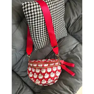 Red Santa Claus Print Crossbody Sling Bag Wide Adjustable Red Strap Double Zipper Casual Chest Fanny Pack For Women Christmas Holiday Outfit