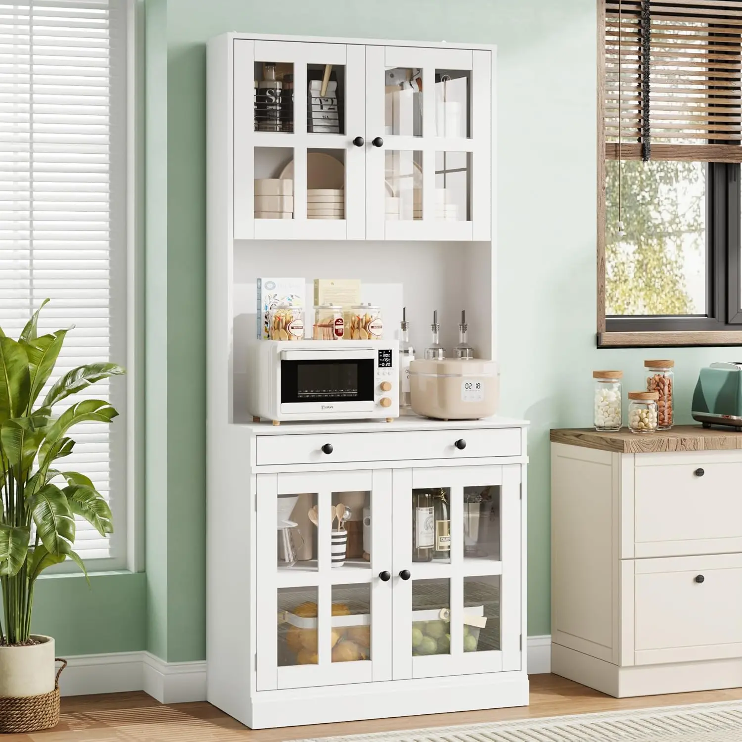 72"h x 31.5"w x 15.7"d White Farmhouse Pantry Cabinet, Tall Indoor Storage Organizer Cupboard with Glass Doors, Drawers & Coffee Station Microwave Stand, Assembly Required, Wall Mounting Recommended for Dining Room Living Room