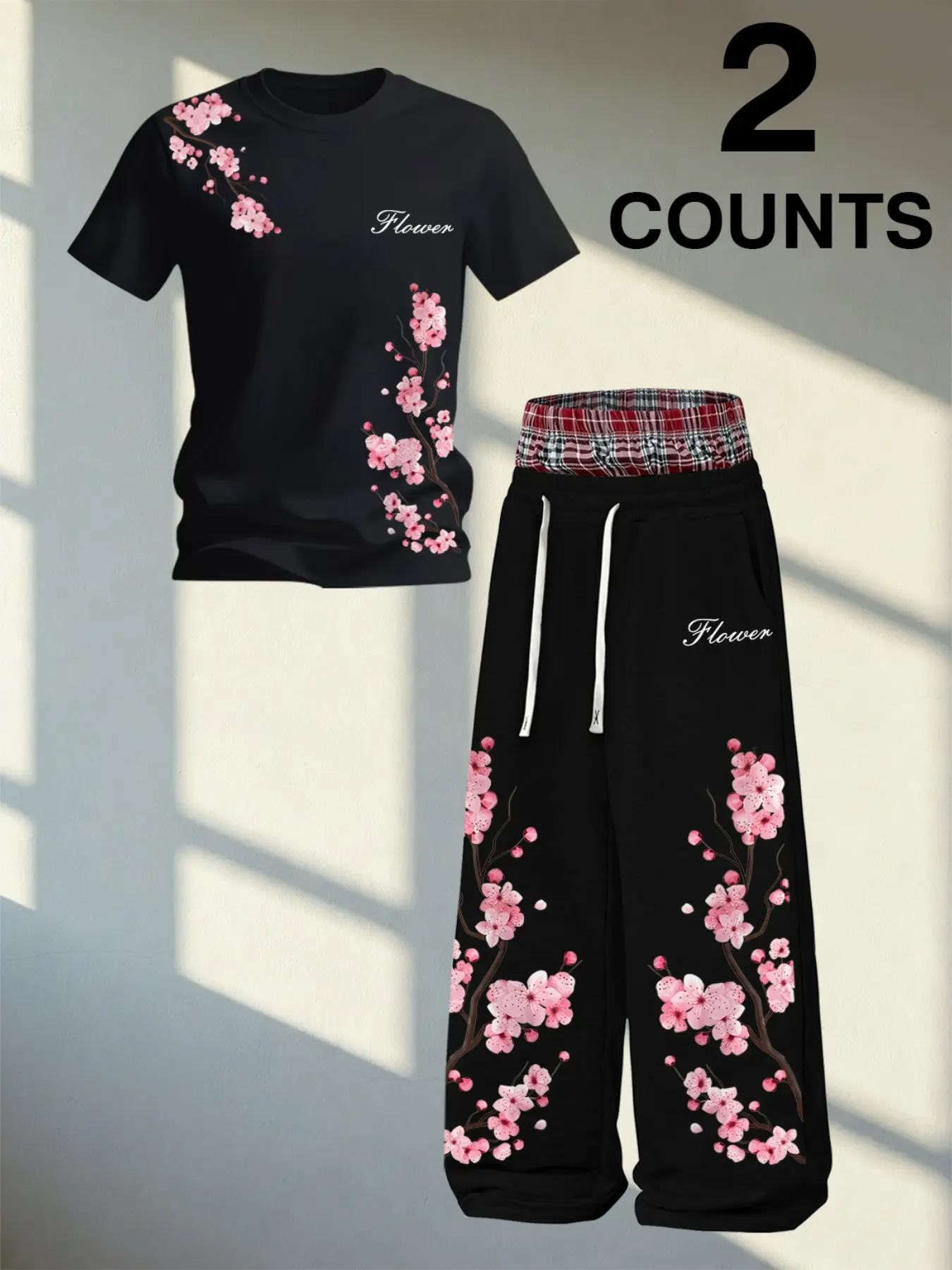 Men's Two-Piece Fashion Casual Set, Floral Cherry Blossom Print Round Neck T-Shirt and Wide Leg Pants, All Season Wear, Versatile