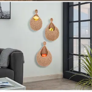 3-Piece Bohemian Boho Lace Wall Hanging Basket 🧺✨ - Light Brown Fabric Hangable Storage Hooks, Multi-Use Organizer for Garlic/Onions/Fruits/Veggies, Ideal for Kitchen/Dining Room Decor, Black Friday Deal