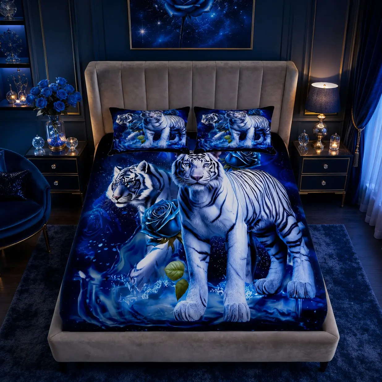 3 Pieces Starry White Tiger & Blue Rose Print Fitted Sheet Set, 1 Fitted Sheet + 2 Pillowcases, No Inserts Included, Neon Galaxy Animal Soft Microfiber Mattress Cover, Trendy Bedding Decor for Guys & Teenagers Bedroom Dorm