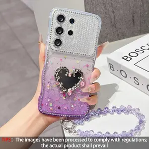 Rhinestone Drip Glue Heart Phone Case Casing, Accessories, with Makeup Mirror, compatible with Samsung Galaxy S26 Ultra, S25 Plus, S24Ultra, comes with a wrist lanyard, shockproof protective cover, featuring a durable and stylish design