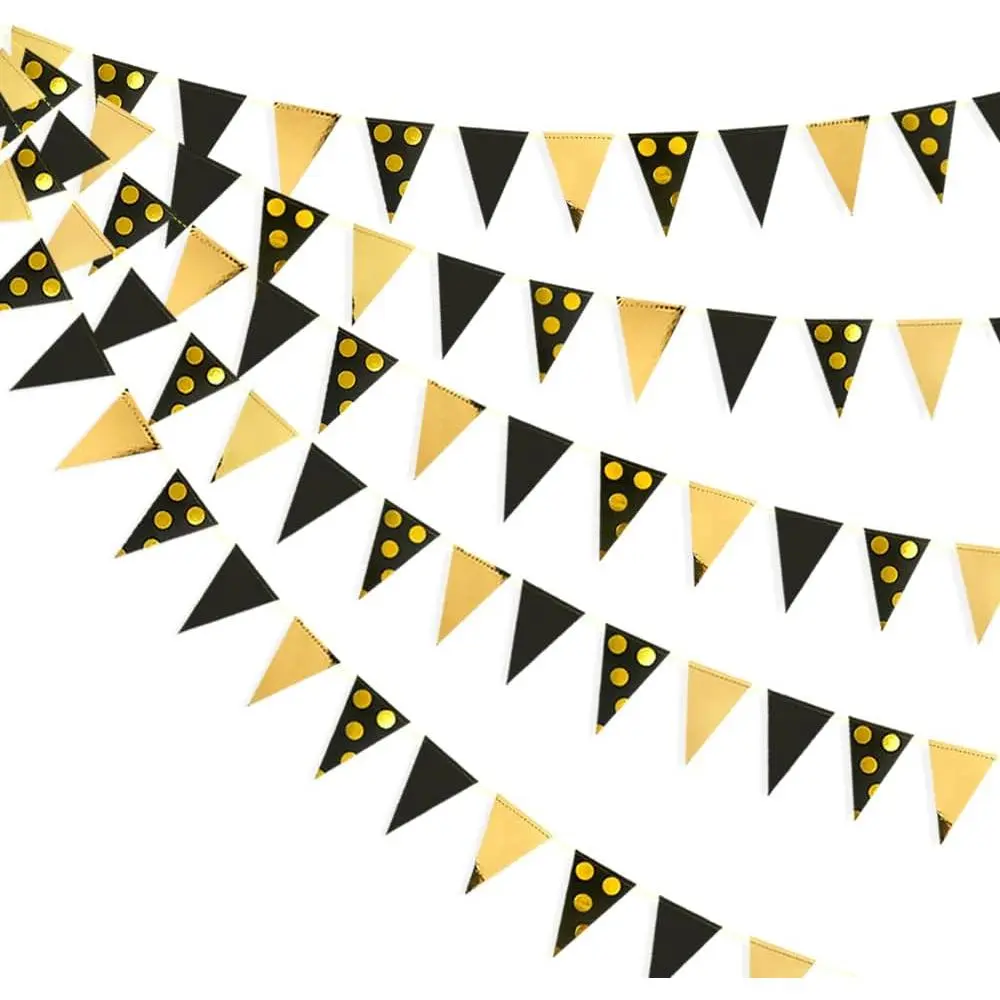 30Ft Black Gold Party Decorations Polka Dot Pennant Banner Paper Circle Dot Triangle Flags Bunting Garland for Wedding Bridal Shower Birthday Bachelorette Engagement Anniversary Holiday Party Supplies
