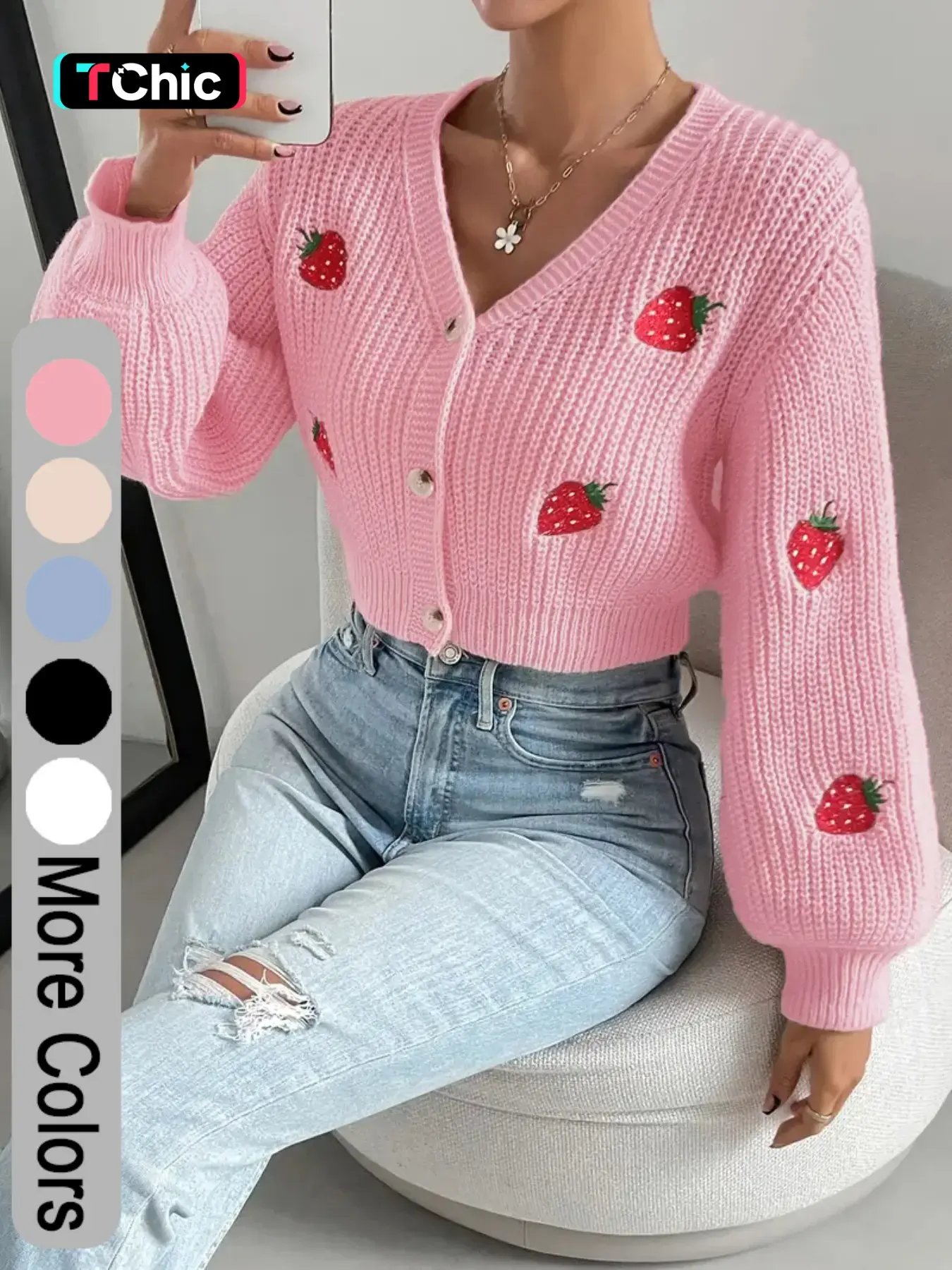 Women's Strawberry Embroidery Button Front Crop Cardigan Knitted Sweater, Casual Fit V Neck Lantern Sleeve Knitwear for Spring & Fall, Fashion Women's Knit Clothing for Everyday Wear