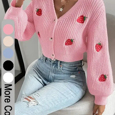 Women's Strawberry Embroidery Button Front Crop Cardigan Knitted Sweater, Casual Fit V Neck Lantern Sleeve Knitwear for Spring & Fall, Fashion Women's Knit Clothing for Everyday Wear