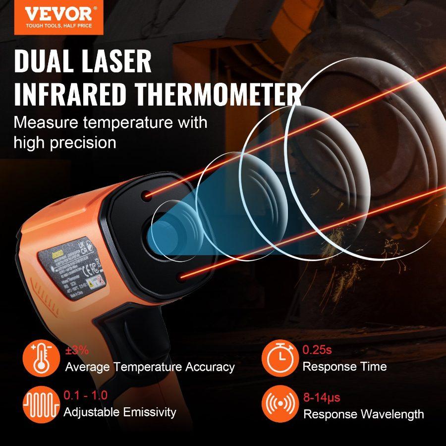VEVOR Infrared Thermometer, -402732F Dual Laser Temperature Gun Non-Contact, Handheld IR Heat Temperature Gun with Adjustable Emissivity for Metal Smelting/Cooking/Pizza Oven/Engine(Not for Human) VEVOR Infrared Thermometer, -402732F Dual Laser Temperature Gun Non-Contact, Handheld IR Heat Temperature Gun with Adjustable Emissivity for Metal Smelting/Cooking/Pizza Oven/Engine(Not for Human)