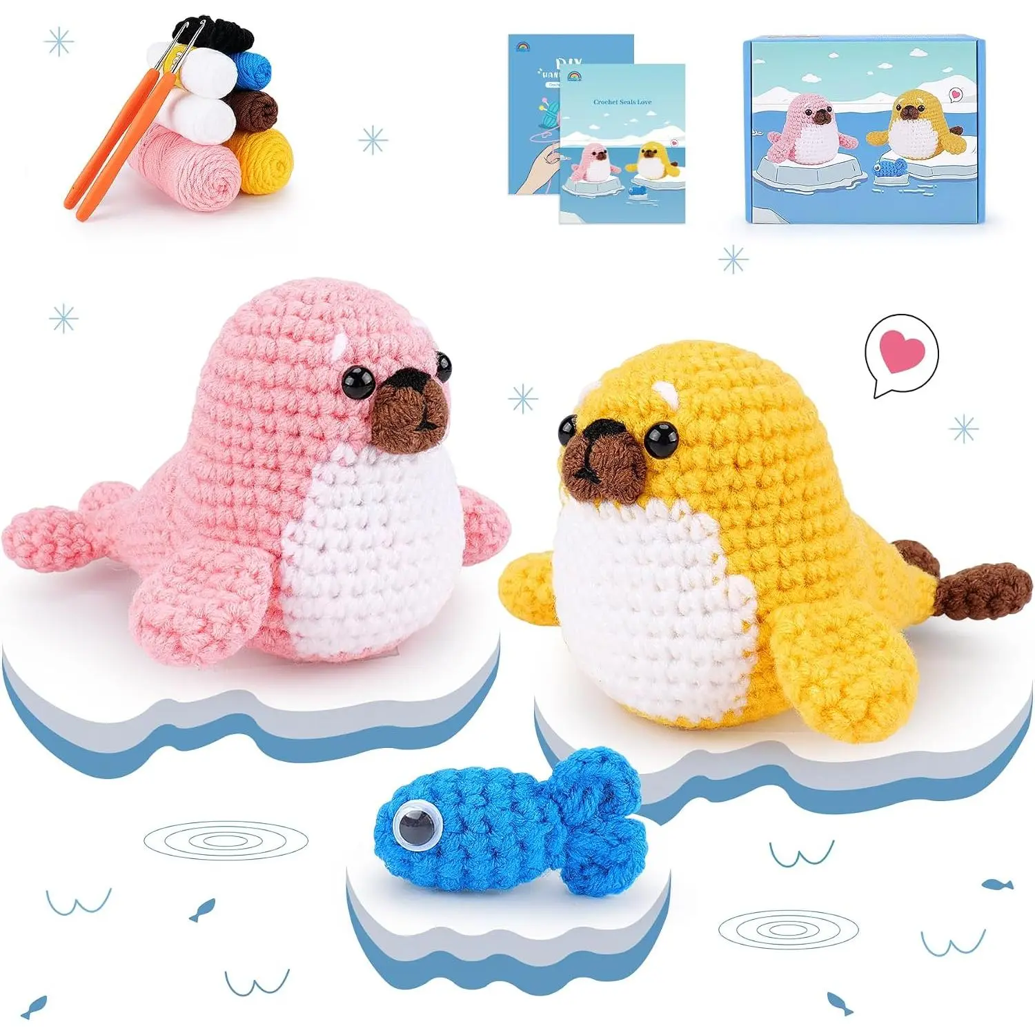 Crochet Kit for Beginners - Seal Crochet Kits with Step-by-Step Video Tutorials, Beginner Crochet Kit for Adults, Crochet  Kit, 2 count Seals with a Fish Crocheting Set