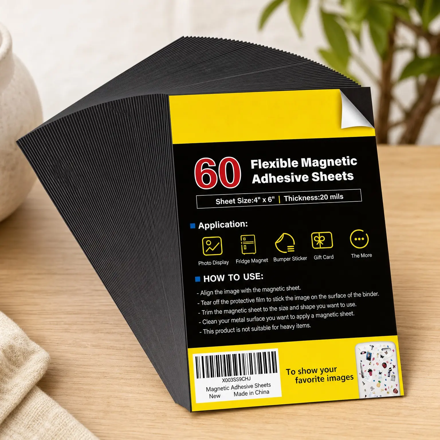 Magnetic Adhesive Sheets 4" x 6" - 60 Pack Flexible Magnets for Crafts, Photo Mats, Cuttable Classroom Decor, Easy Peel & Stick for Planning and Organization, Rectangular