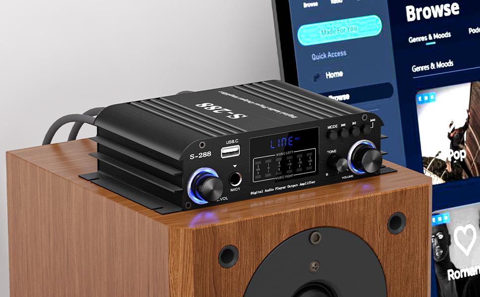 S-288 4 CH Bluetooth 5.0 Home Audio Amplifier, RMS 45Wx4, Max 600W HiFi Stereo Power Amplifier USB, SD, FM Class D Speaker Amp for Home Theater Karaoke, with Power Adapter & Rete Control