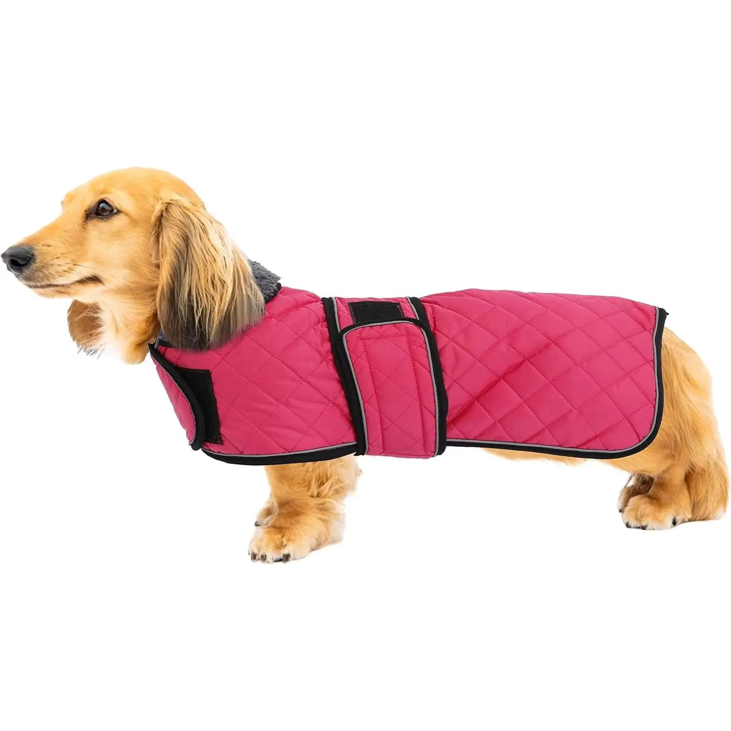 Warm Thermal Quilted Dachshund Coat, Dog Winter Coat with Warm Fleece Lining, Outdoor Dog Apparel with Adjustable Bands for Medium, Large Dog-Pink-S