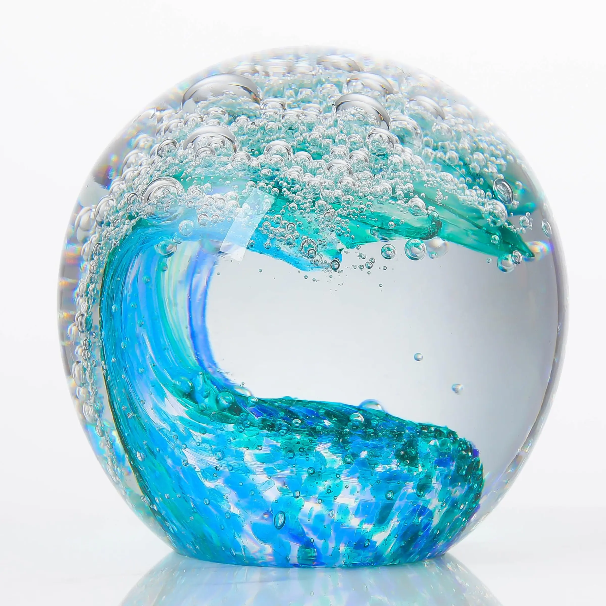 Ocean Waves Hand Blown Glass Decor Crystal Ball Sea Figurines Gifts | Glass Art Paperweight Collectible Sphere Ocean Room Home Beach Nautical Aquarium Decor Decorative Globes for Ocean Lovers Desktop Decoration Ornament