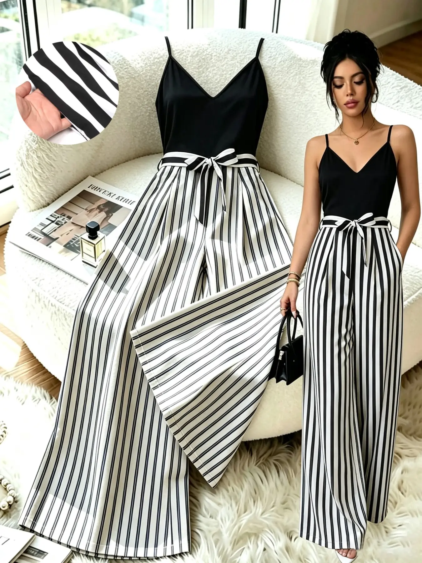 Striped Halter Jumpsuit, Satin Top Patchwork High Waist Bow Tie Waist, Vertical Stripes, Loose Wide Leg Jumpsuit, Streetwear Office Wear, Casual Summer Jumpsuits