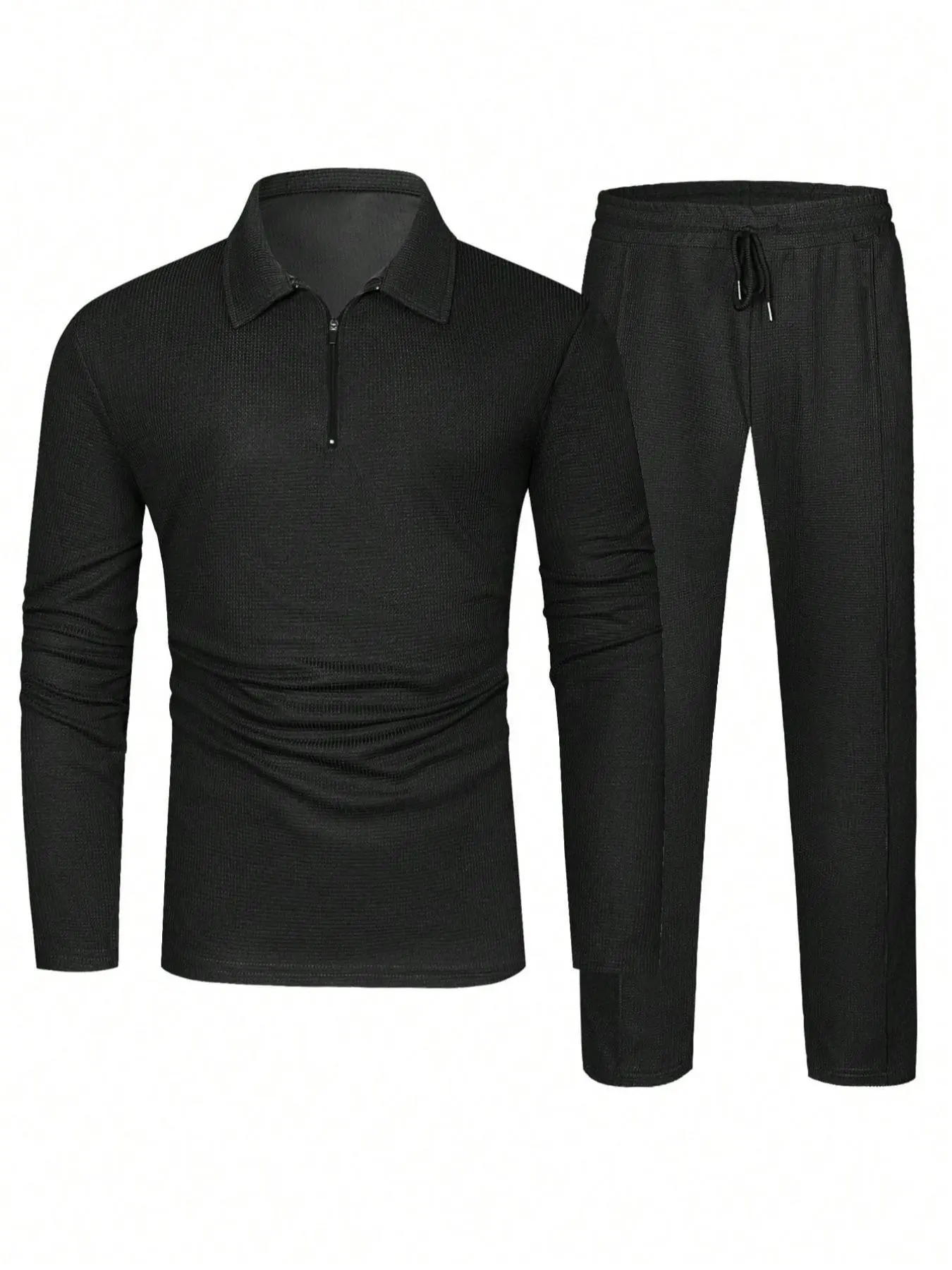 Men's Solid Textured Long Sleeve Polo Shirt & Drawstring Waist Pants Set, Regular Fit Quality and Comfort Casual Zipper Top & Pocket Trousers, Men's Two-piece Outfits