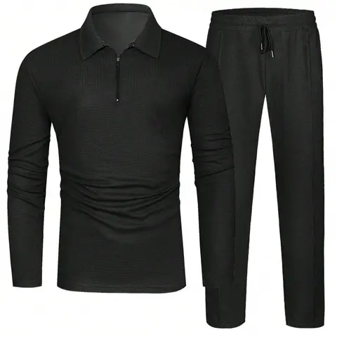 Men's Solid Plain Textured Long Sleeve Polo Shirt & Drawstring Waist Pants Set, Regular Fit Quality and Comfort Casual Zipper Top & Pocket Trousers, Men's Two-piece Outfits