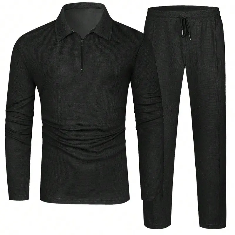 Men's Solid Plain Textured Long Sleeve Polo Shirt & Drawstring Waist Pants Set, Regular Fit Quality and Comfort Casual Zipper Top & Pocket Trousers, Men's Two-piece Outfits