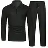 Men's Solid Plain Textured Long Sleeve Polo Shirt & Drawstring Waist Pants Set, Regular Fit Quality and Comfort Casual Zipper Top & Pocket Trousers, Men's Two-piece Outfits