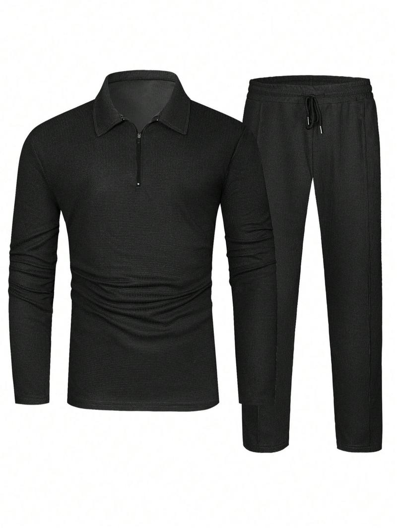 Men's Solid Color Zip Polo Shirt and Drawstring Waist Pants Set, Stylish Long Sleeve Top with Practical Pocket Design for Casual Sports