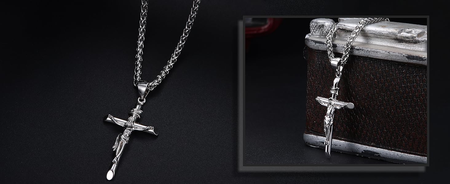 Besteel Silver Crucifix Pendant Necklace  for Women - Men's Sterling Silver Crucifix Necklace charm with Stainless Steel Rope Chain Catholic Baptism Jesus Cross Necklace Jewelry mens