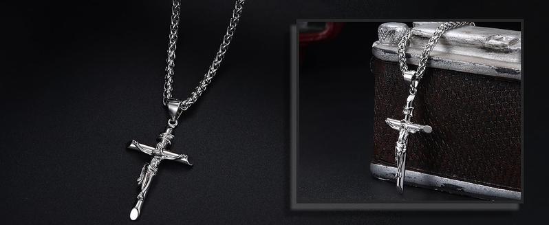 Besteel Silver Crucifix Pendant Necklace  for Women - Men's Sterling Silver Crucifix Necklace charm with Stainless Steel Rope Chain Catholic Baptism Jesus Cross Necklace Jewelry mens