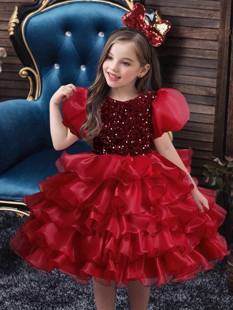 Girls Sparkling Sequin Princess Dress Puff Sleeves Halloween Christmas Dance Performances Formal Dresses for Youngsters Stage Performance Skirt with Positioning Holes
