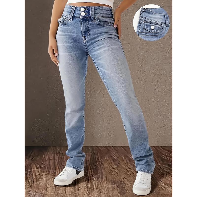 Women's high-waisted stretch jeans-elegant straight design, spandex and polyester blend material, mid-waisted, slant pockets, machine washable, all-match daily for all seasons