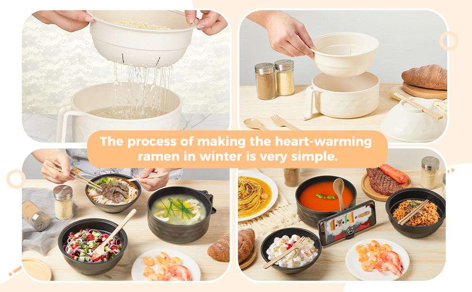 4 Sets Microwave Ramen Cooker Set 33 oz Quick Ramen Bowl Set Microwave Noodle Cooker with Handle Noodle Bowl with Spoon Chopsticks Fork College Dorm Room(Black, Beige, Pink, Purple) Cutlery Oven Tableware Bamboo