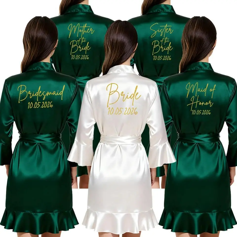 Elegant Satin Bathrobe Personalized with Wedding Date for Bride Bridesmaid - Soft Robe for Women Best Gift for Bridal Party