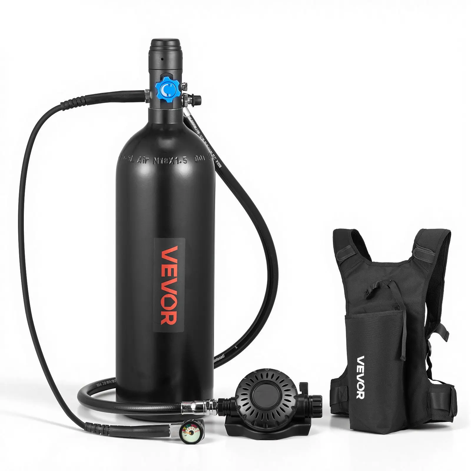 【Summerfinds】VEVOR 1.9L Aluminum High-Pressure Oxygen Cylinder, 1 Oxygen Cylinder with Backpack, Easy Refilling Reusable, 35-Minute Breathing Support, Smooth Reliable Emergency Rescue Pony Bottle for Snorkeling