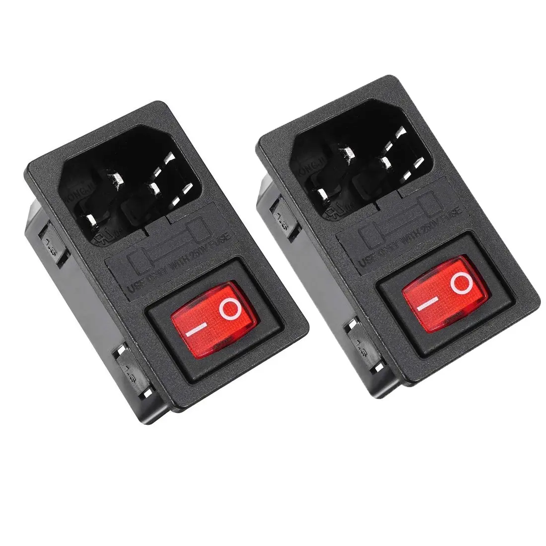 3 Pin IEC320 C14 Inlet Male Plug Power Socket Red Light Boat Rocker  with Fuse Holder Neon Lamp  Jack Connector AC 250V 10A, 2-Pack