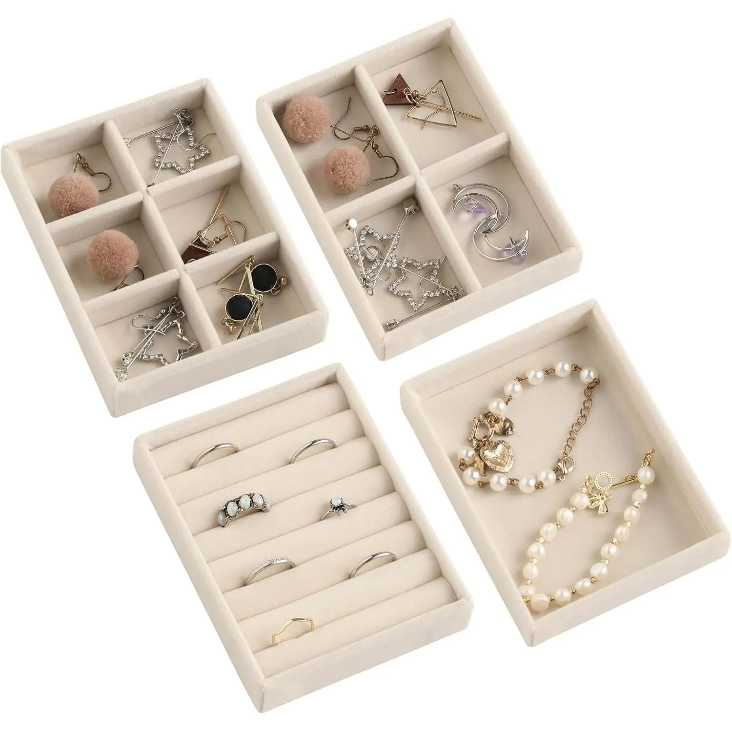 Set of 4 Velvet Jewelry Trays for Drawer, Stackable Jewelry Box Inserts with Adjustable Dividers, Mini Vanity Drawer Organizer for EarringsGift