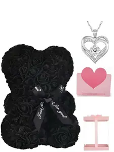 Pe Foam Rose Flower Bear Necklace Set, Silver Color Dual Heart Gemstone, DIY Creative Gift for Valentine's Day, Mother's Day, Graduation Season