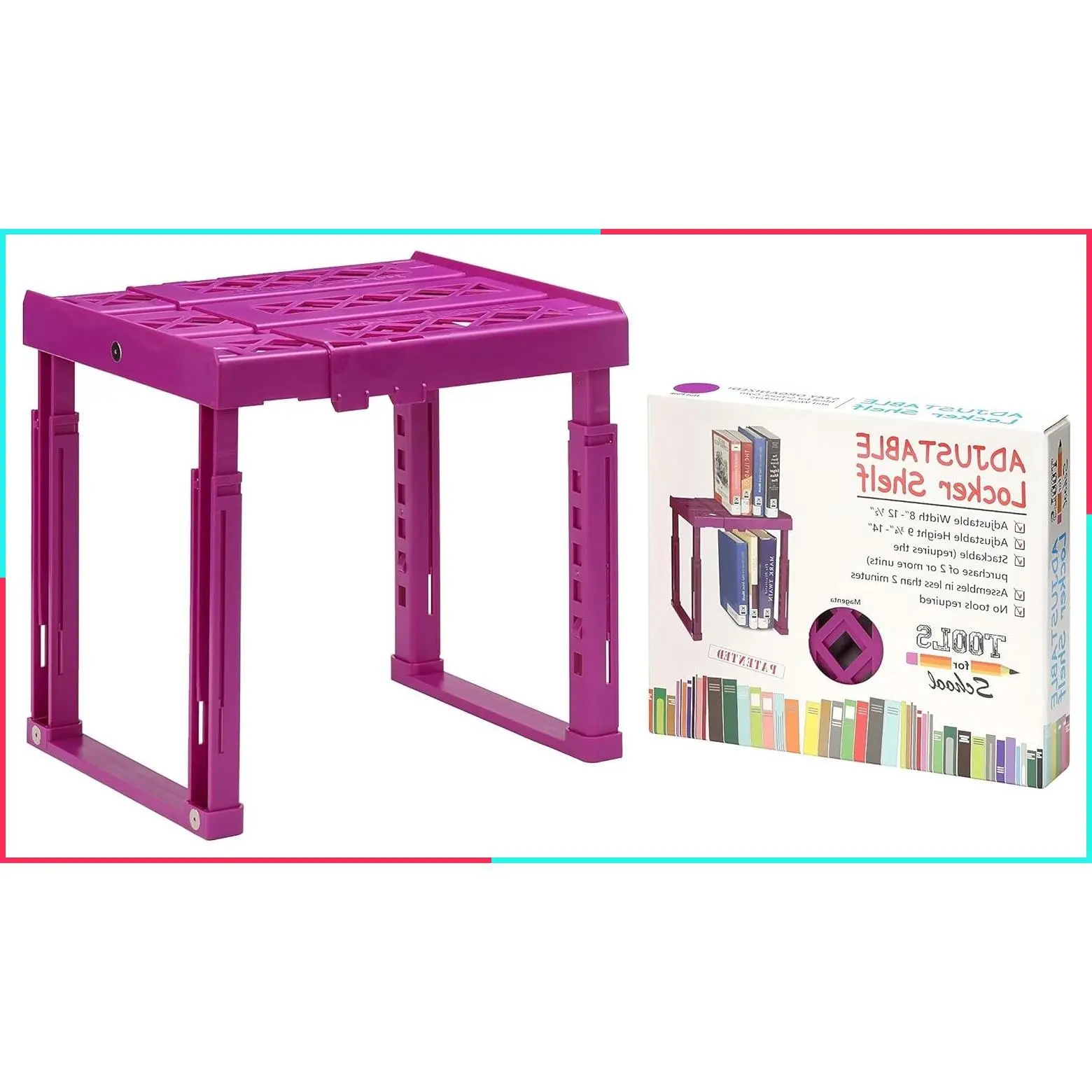 Heavy Duty Stackable Locker Shelf, Adjustable Height 9 3/4" to 14", Width 8" to 12 1/2", Holds 40 lbs per Shelf, Magenta, Single