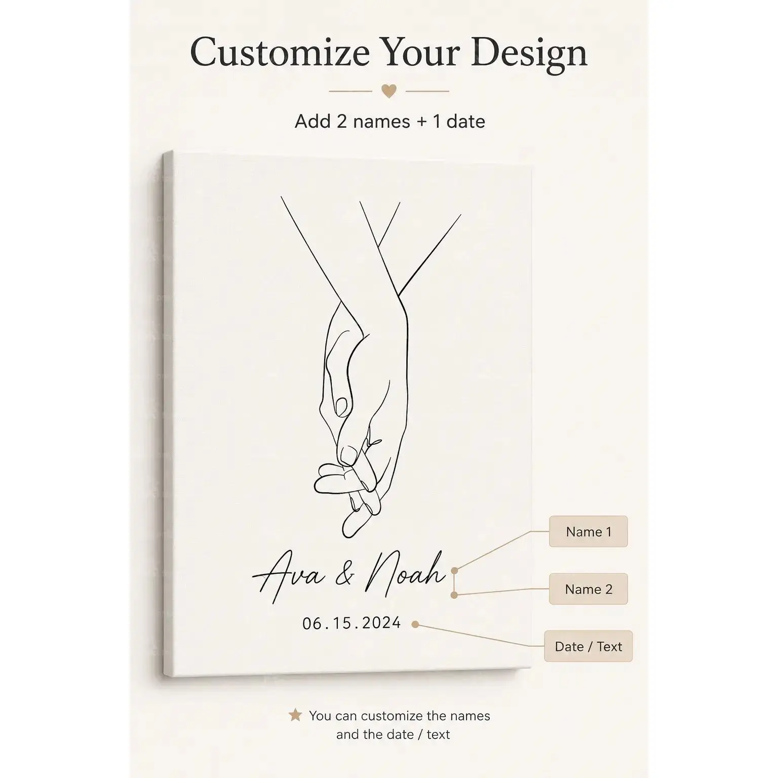 Custom Cream Minimal Holding Hands Line Art Canvas Wall Decor Poster, Personalized Two Names & Anniversary Date Print, Wall Art for Bedroom Living Room Apartment, Decor Poster Print, Available as Unframed Canvas Poster or Framed Canvas Wrap